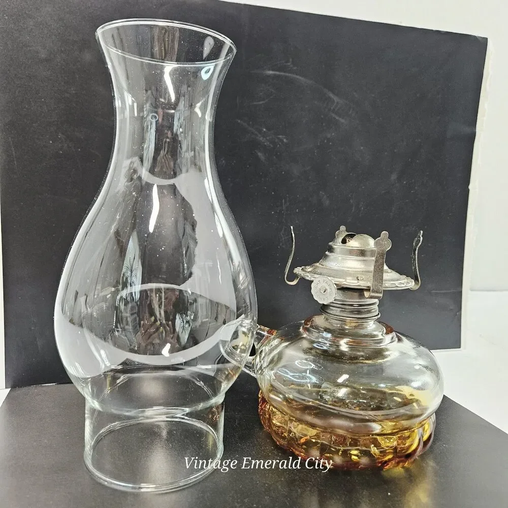 Vtg Miniature Amber Adjustable Wick Glass Oil Lamp China Hong Kong With Chimney